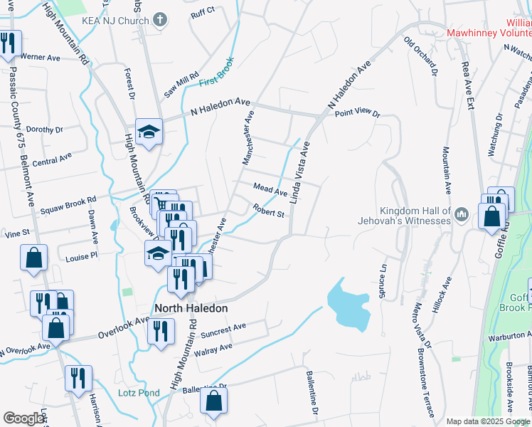 map of restaurants, bars, coffee shops, grocery stores, and more near 50 Robert Street in North Haledon