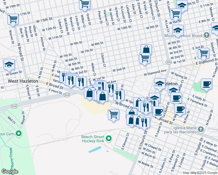 map of restaurants, bars, coffee shops, grocery stores, and more near 555 West Maple Street in Hazleton