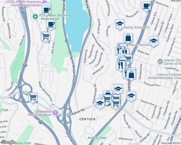 map of restaurants, bars, coffee shops, grocery stores, and more near 26 Newkirk Road in Yonkers