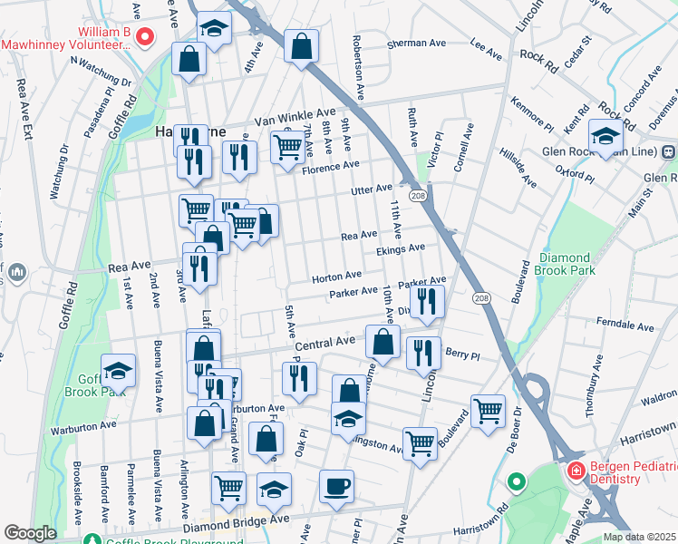 map of restaurants, bars, coffee shops, grocery stores, and more near 49 Parker Avenue in Hawthorne