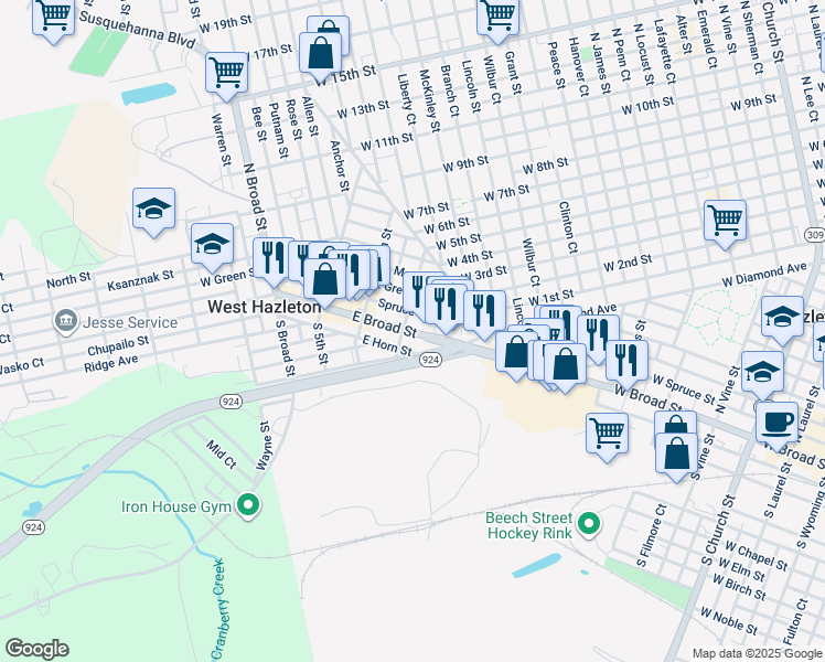 map of restaurants, bars, coffee shops, grocery stores, and more near 212 E Broad St in Hazleton