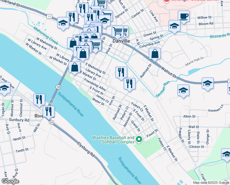 map of restaurants, bars, coffee shops, grocery stores, and more near 401-499 East Front Street in Danville
