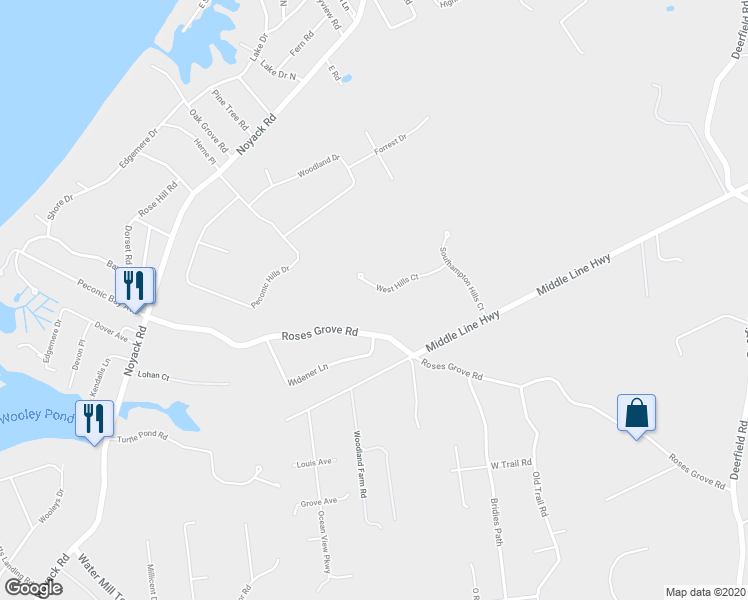 map of restaurants, bars, coffee shops, grocery stores, and more near 16 West Hills Court in Southampton