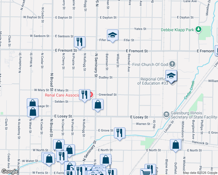 map of restaurants, bars, coffee shops, grocery stores, and more near 834-998 Bateman St in Galesburg