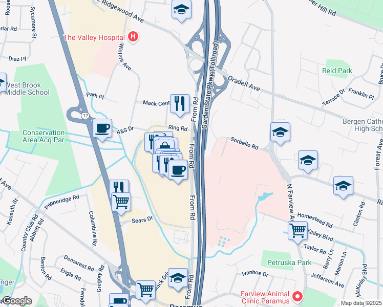 map of restaurants, bars, coffee shops, grocery stores, and more near From Road in Paramus
