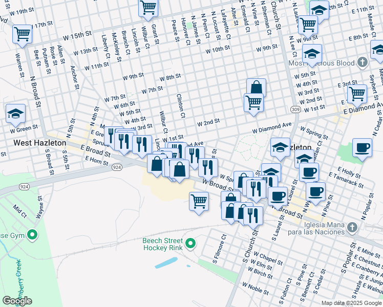 map of restaurants, bars, coffee shops, grocery stores, and more near 555 West Maple Street in Hazleton