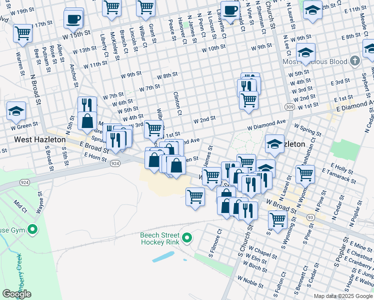 map of restaurants, bars, coffee shops, grocery stores, and more near 553 West Maple Street in Hazleton