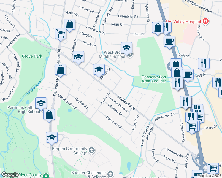 map of restaurants, bars, coffee shops, grocery stores, and more near 181 West Midland Avenue in Paramus