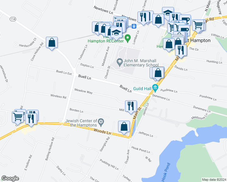 map of restaurants, bars, coffee shops, grocery stores, and more near 40 Meadow Way in East Hampton