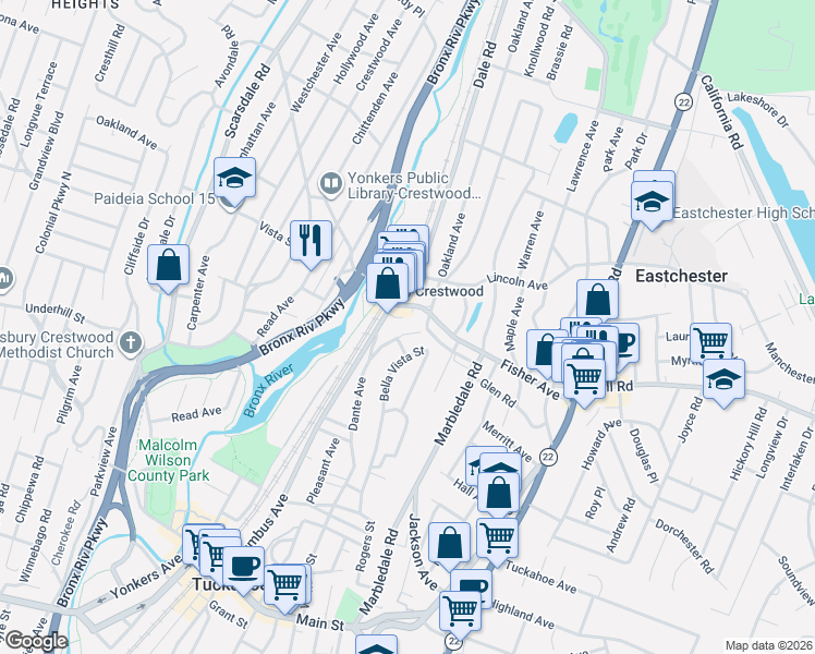 map of restaurants, bars, coffee shops, grocery stores, and more near 262 Dante Avenue in Tuckahoe