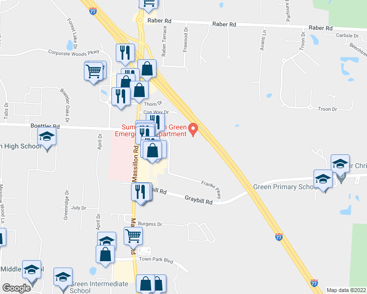 map of restaurants, bars, coffee shops, grocery stores, and more near 2045 Franks Parkway in Uniontown