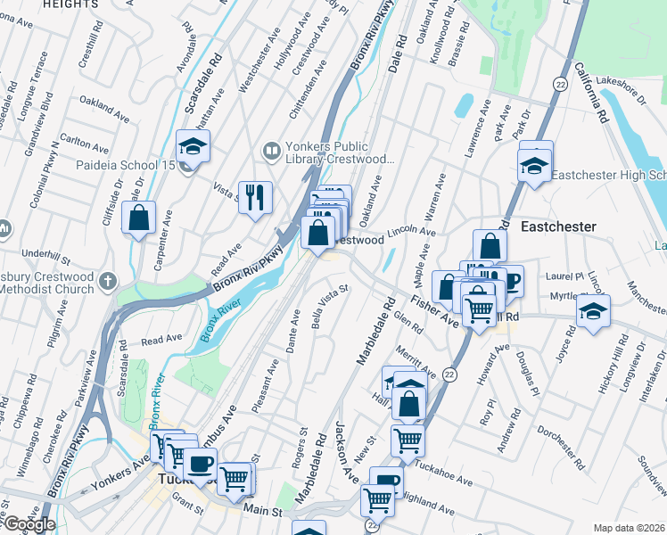 map of restaurants, bars, coffee shops, grocery stores, and more near 267 Dante Avenue in Tuckahoe