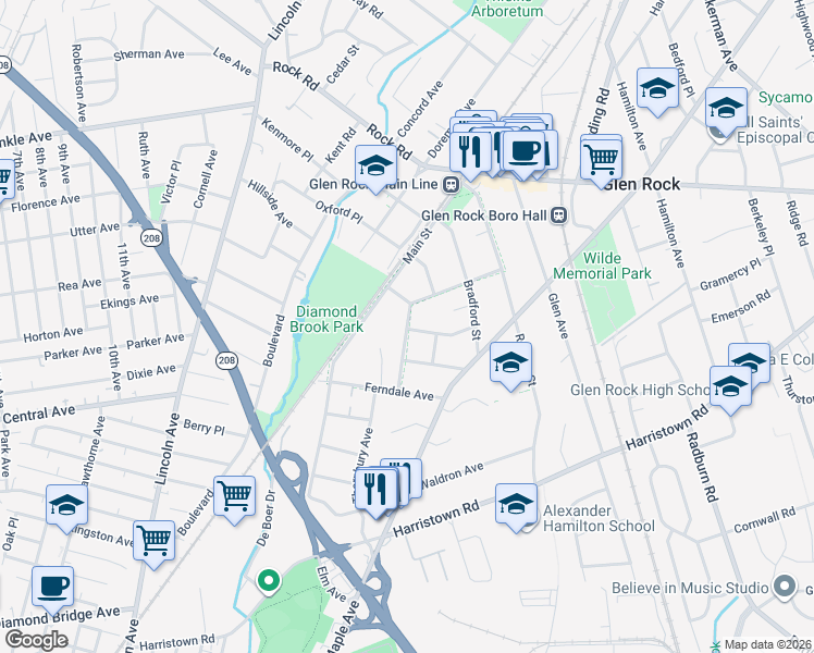 map of restaurants, bars, coffee shops, grocery stores, and more near 36 Tonawanda Road in Glen Rock