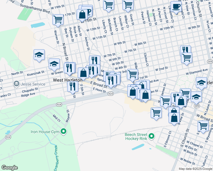 map of restaurants, bars, coffee shops, grocery stores, and more near 209 East Broad Street in West Hazleton