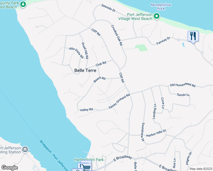 map of restaurants, bars, coffee shops, grocery stores, and more near 19 High Path in Port Jefferson