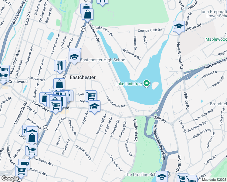 map of restaurants, bars, coffee shops, grocery stores, and more near 1213 California Road in Eastchester