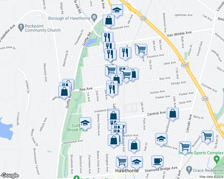 map of restaurants, bars, coffee shops, grocery stores, and more near 566 County Road 665 in Hawthorne