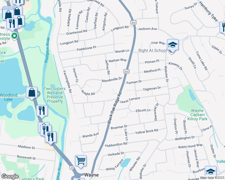 map of restaurants, bars, coffee shops, grocery stores, and more near 12 Eldorado Drive in Wayne