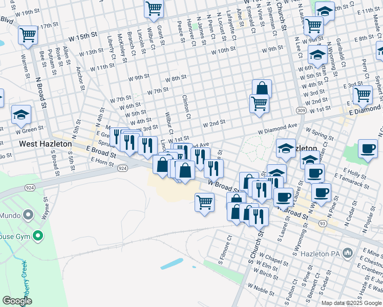 map of restaurants, bars, coffee shops, grocery stores, and more near 580 East Maple Street in Hazleton