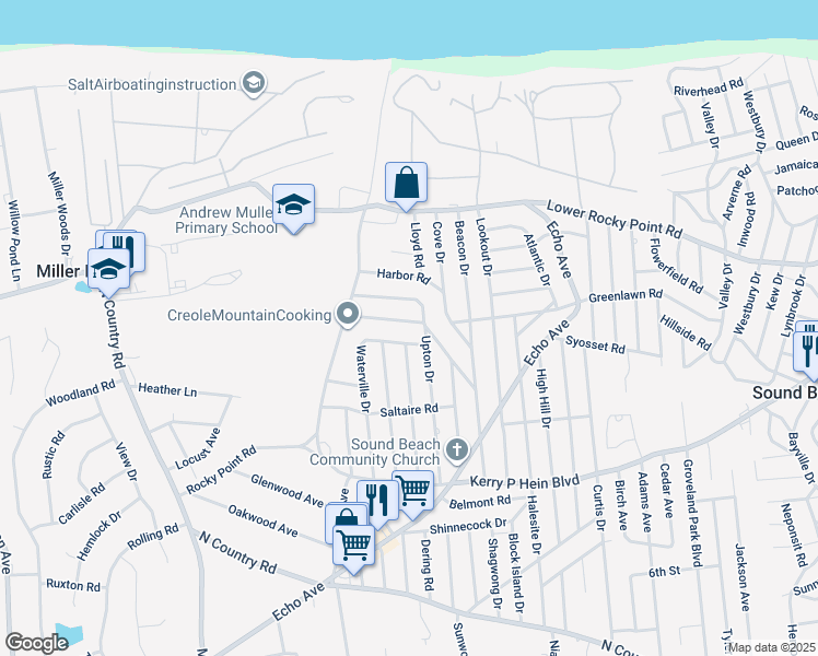 map of restaurants, bars, coffee shops, grocery stores, and more near 65 Wildwood Drive in Sound Beach