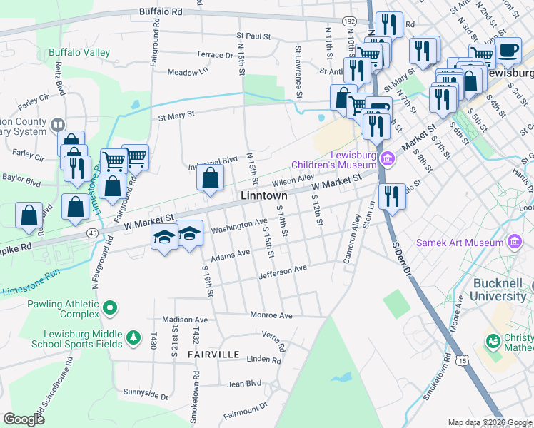 map of restaurants, bars, coffee shops, grocery stores, and more near 108 S 15th St in Lewisburg