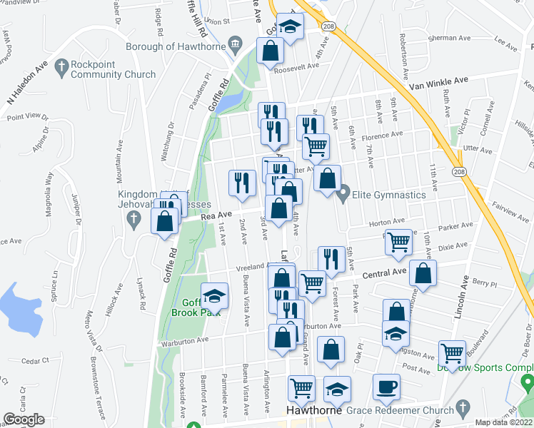 map of restaurants, bars, coffee shops, grocery stores, and more near 65 3rd Avenue in Hawthorne