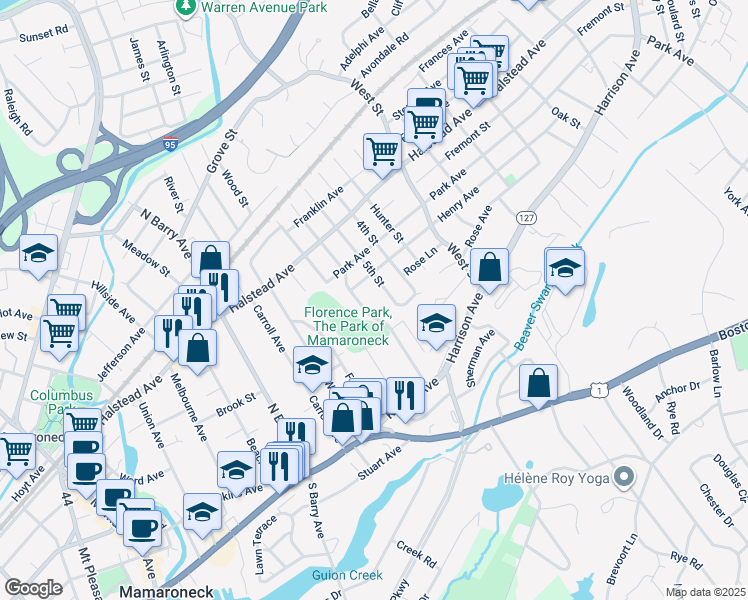 map of restaurants, bars, coffee shops, grocery stores, and more near 307 Florence Street in Mamaroneck