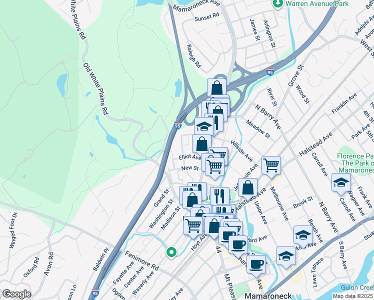 map of restaurants, bars, coffee shops, grocery stores, and more near 145 New Street in Mamaroneck
