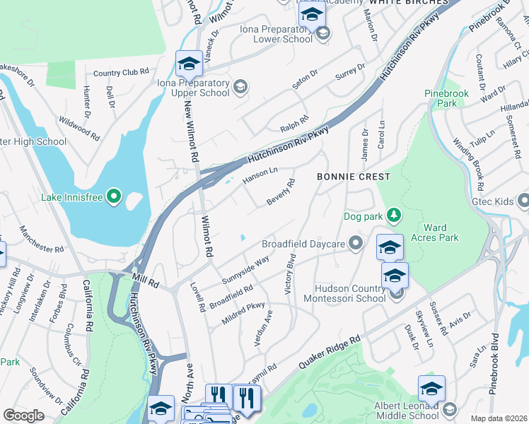 map of restaurants, bars, coffee shops, grocery stores, and more near 74 Lord Kitchener Road in New Rochelle
