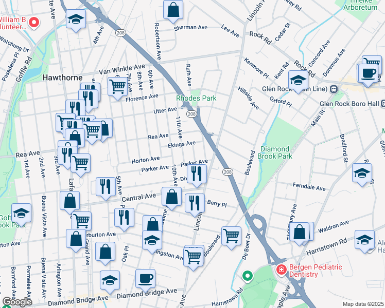 map of restaurants, bars, coffee shops, grocery stores, and more near 154 Parker Avenue in Hawthorne