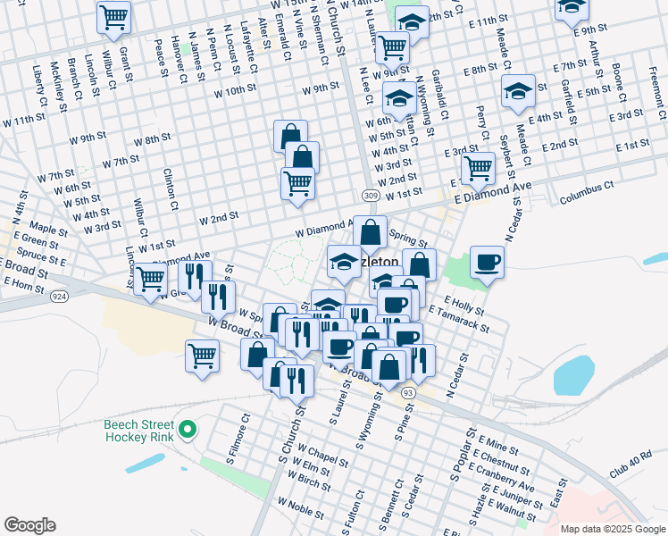 map of restaurants, bars, coffee shops, grocery stores, and more near 200-226 West Hemlock Street in Hazleton