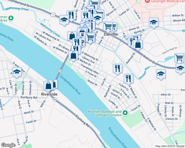 map of restaurants, bars, coffee shops, grocery stores, and more near 13 Cedar Street in Danville