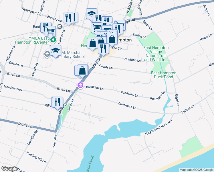 map of restaurants, bars, coffee shops, grocery stores, and more near 7 Pondview Lane in East Hampton