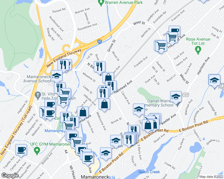 map of restaurants, bars, coffee shops, grocery stores, and more near 467 North Barry Avenue in Mamaroneck