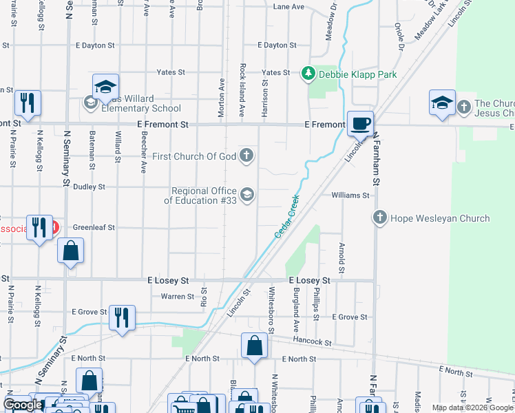 map of restaurants, bars, coffee shops, grocery stores, and more near 938 Harrison Street in Galesburg
