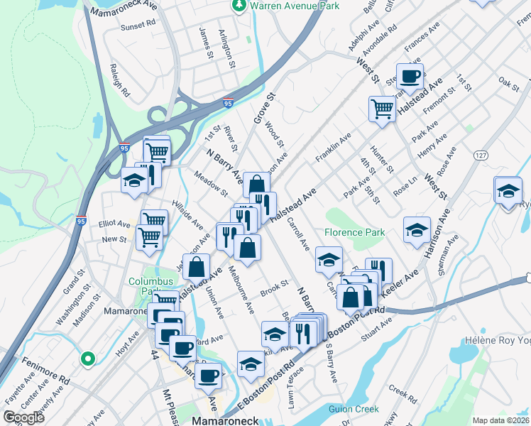 map of restaurants, bars, coffee shops, grocery stores, and more near 467 North Barry Avenue in Mamaroneck