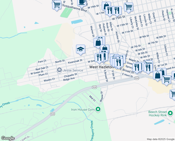 map of restaurants, bars, coffee shops, grocery stores, and more near 244 Winters Avenue in West Hazleton