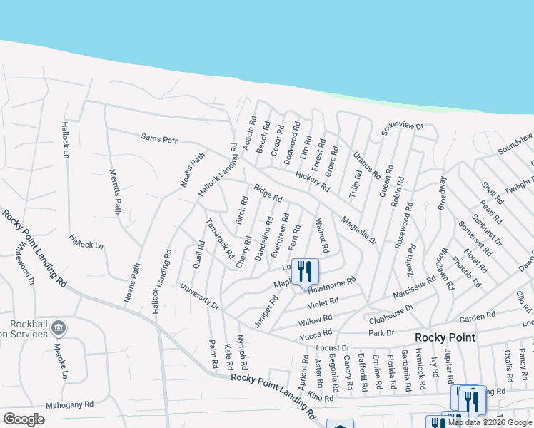 map of restaurants, bars, coffee shops, grocery stores, and more near 39 Dandelion Road in Rocky Point