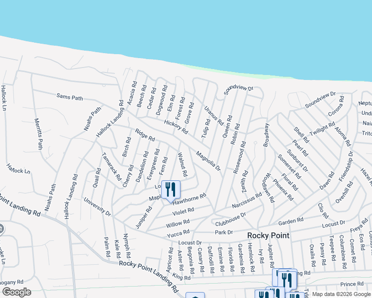 map of restaurants, bars, coffee shops, grocery stores, and more near 2 Walnut Road in Rocky Point