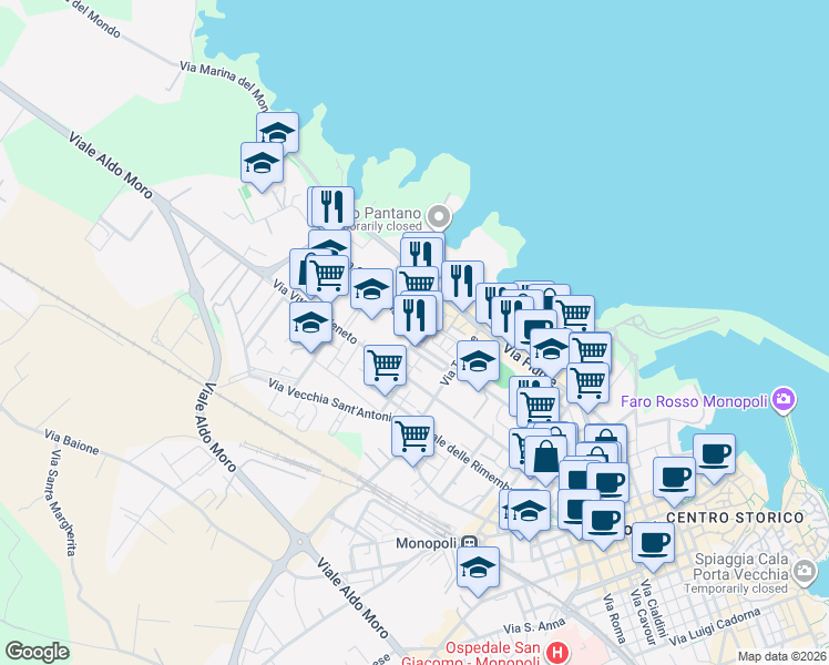 map of restaurants, bars, coffee shops, grocery stores, and more near 1 Via Regina Pacis in Monopoli