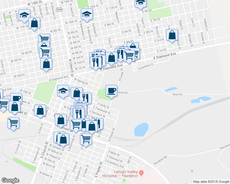map of restaurants, bars, coffee shops, grocery stores, and more near 218 North Cedar Street in Hazleton