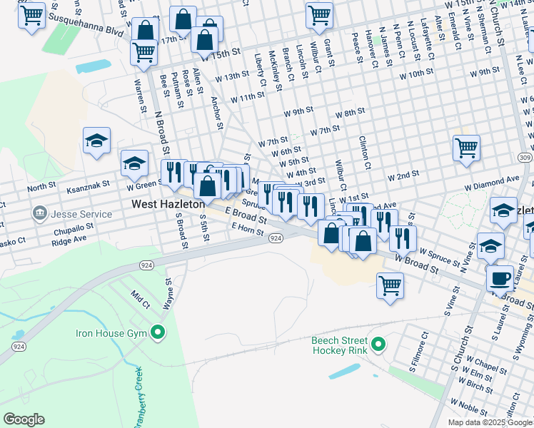 map of restaurants, bars, coffee shops, grocery stores, and more near 209 East Broad Street in West Hazleton