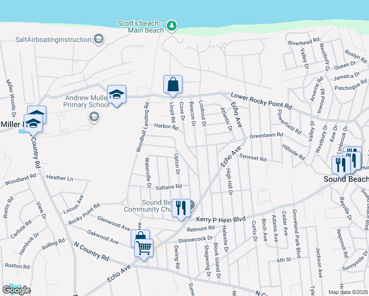 map of restaurants, bars, coffee shops, grocery stores, and more near 16 Harbor Road in Sound Beach