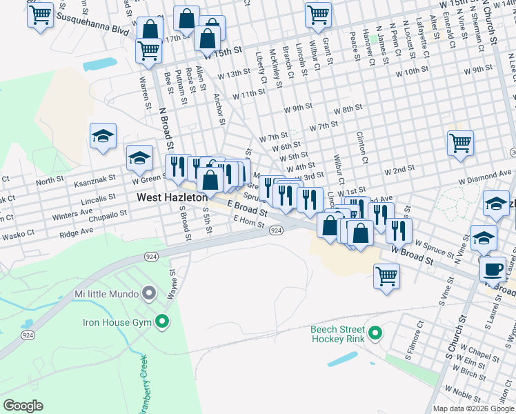 map of restaurants, bars, coffee shops, grocery stores, and more near 218 East Green Street in West Hazleton