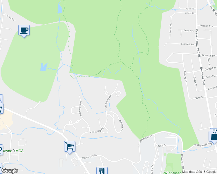 map of restaurants, bars, coffee shops, grocery stores, and more near 38 Gannett Court in Wayne