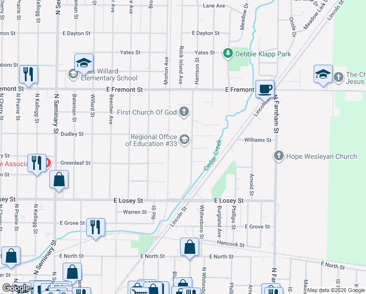 map of restaurants, bars, coffee shops, grocery stores, and more near 938 Harrison Street in Galesburg