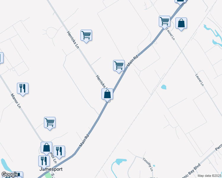 map of restaurants, bars, coffee shops, grocery stores, and more near 26 Herricks Lane in Riverhead