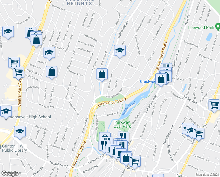 map of restaurants, bars, coffee shops, grocery stores, and more near 102 Carpenter Avenue in Tuckahoe