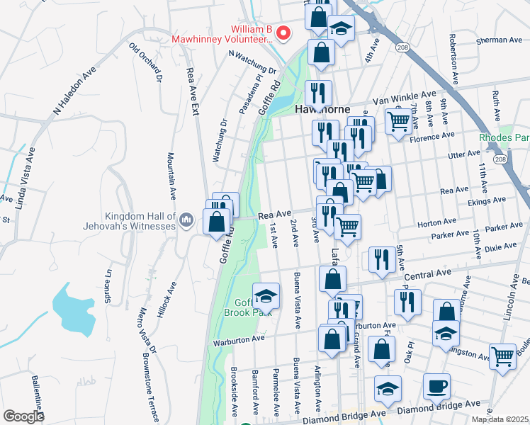 map of restaurants, bars, coffee shops, grocery stores, and more near 100 1st Avenue in Hawthorne