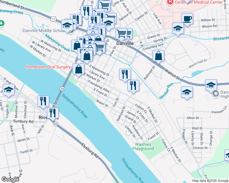 map of restaurants, bars, coffee shops, grocery stores, and more near 359 East Market Street in Danville